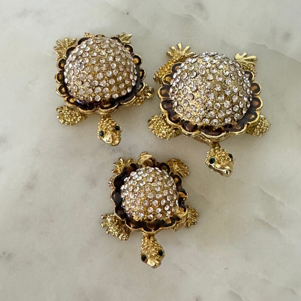 Gold Turtle Trinket Set of 3 Hinged Enameled Jeweled Boxes Swarovski Crystals